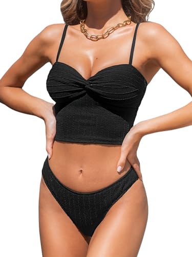 CUPSHE Damen Tankini Set Zweiteilige Bademode Herzausschnitt Umwickelt Hoher Beinausschnitt Cheeky Bottom Badeanzug Black L von CUPSHE