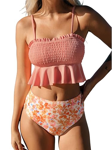 CUPSHE Damen Tankini Set Zweiteiliger Badeanzug Geraffte Rüschen Trägerlos Bandeau Gesmoktes Top Badeanzüge Hohe Taille Unterteil, Pfirsichrosa/Blumen, XL von CUPSHE