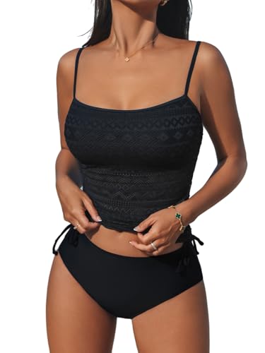 CUPSHE Damen Tankini-Sets, zweiteiliger Badeanzug, quadratischer Ausschnitt, Netz-Badeanzug, verstellbare Spaghettiträger, Kordelzug, Schwarz , L von CUPSHE