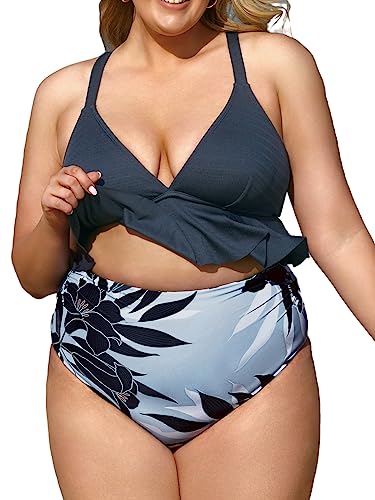 CUPSHE Damen Große Größen Bikini Set V Ausschnitt High Waist Blumenmuster Zweiteiliger Bikini Rüschensaum Bauchweg Plus Size Bademode Swimsuit Grau/Tropisches Muster 0X=L von CUPSHE