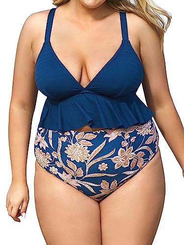 CUPSHE Damen Große Größen Bikini Set V Ausschnitt High Waist Blumenmuster Zweiteiliger Bikini Rüschensaum Bauchweg Plus Size Bademode Swimsuit Marineblau/Paisleymuster 1X=XL von CUPSHE