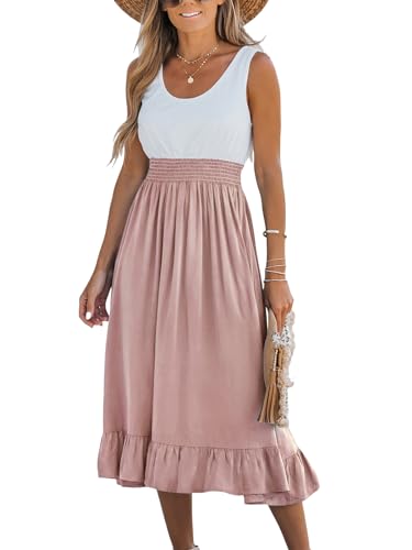 CUPSHE Damen-Tankkleid, gerüscht, A-Linie, U-Ausschnitt, ärmellos, Maxi, gesmokt, Volant, lässiges Sommerkleid, rose, L von CUPSHE