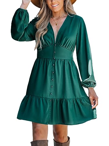 CUPSHE Damen Tiefer V-Ausschnitt Satin Langarm Knopf Plissee Minikleid Rüschen Saum Casual A Linie Kurzes Kleid, Grün, S von CUPSHE