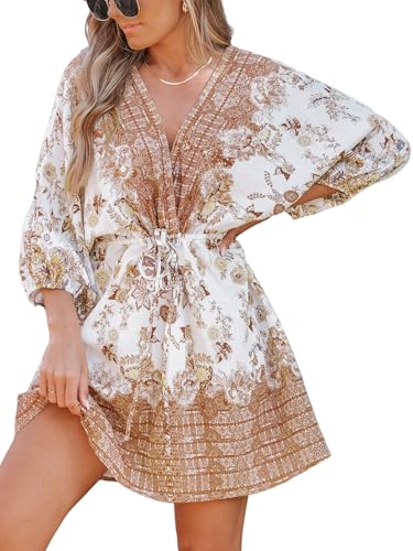CUPSHE Damen Tiefes V-Ausschnitt Rückenfrei Strandkleid Paisley Boho Blouson Ärmel Rücken Krawatte Taille Krawatte Mini Sommerkleider, Orange Floral, X-Groß von CUPSHE