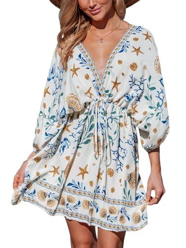 CUPSHE Damen Tiefes V-Ausschnitt Rückenfrei Strandkleid Paisley Boho Blouson Ärmel Rücken Krawatte Taille Mini Sommerkleider Beige L von CUPSHE
