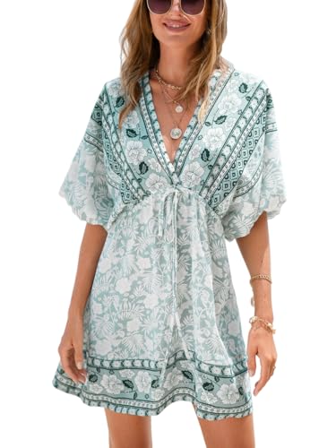 CUPSHE Damen Tiefes V-Ausschnitt Rückenfrei Strandkleid Paisley Boho Blouson Ärmel Rücken Krawatte Taille Mini Sommerkleider Grün/Weiß mit Blumenmuster L von CUPSHE