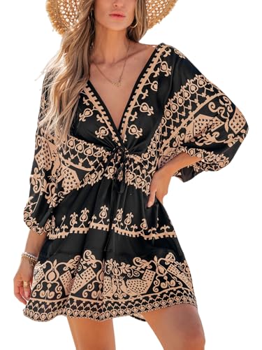 CUPSHE Damen Tiefes V-Ausschnitt Rückenfrei Strandkleid Paisley Boho Blouson Ärmel Rücken Krawatte Taille Mini Sommerkleider Schwarz/Braun S von CUPSHE