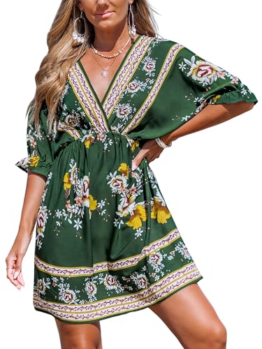 CUPSHE Damen Tiefes V-Ausschnitt Rückenfrei Strandkleid Paisley Boho Blouson Ärmel Rücken Krawatte Taille Mini Sommerkleider von CUPSHE