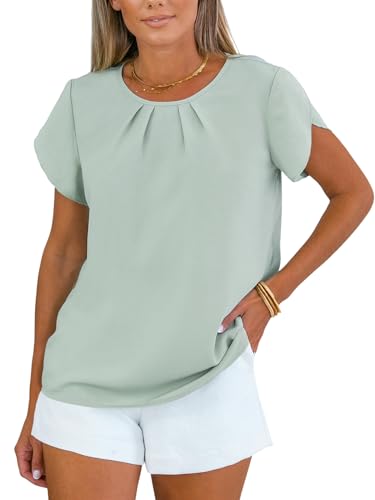 CUPSHE Damen Tops Rundhals Kurzarm Bluse mit Falten Casual Stilvolle Loose Fit Top Shirts, Pastellgrün, XL von CUPSHE