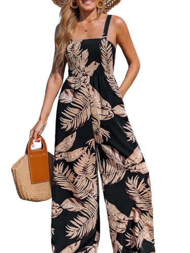 CUPSHE Damen Tropischer Jumpsuit Quadratischer Ausschnitt Ärmellos Gesmoktes Top Weites Bein Sommer Elegant Overall, Schwarz , S von CUPSHE