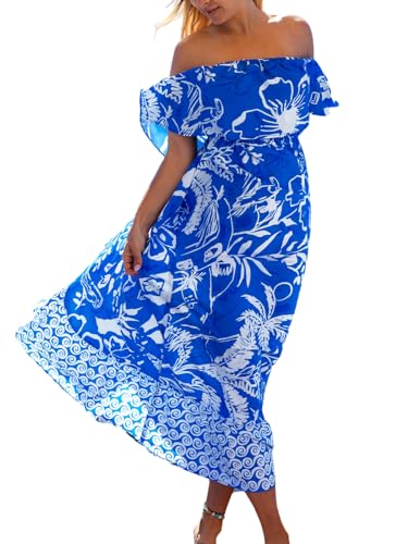 CUPSHE Damen Tube Off Shoulder Strandkleid Rückenfrei Floral Gerader Hals Elastische Taille Maxi Sommerkleider, Blau, Klein von CUPSHE