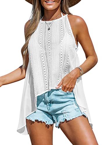 CUPSHE Damen Bikini Cover Up Tunika Top Ärmellos Häkelstrick Hollow Out Asymmetrischer Saum Sommer Strand Oberteil Weiß L von CUPSHE