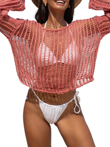 CUPSHE Damen Bikini Cover Up Beachwear Crop Top Rundhals Langarm Häkelstrick Hollow Out Strandponcho Beach Cover Ups Weiches Rot L von CUPSHE