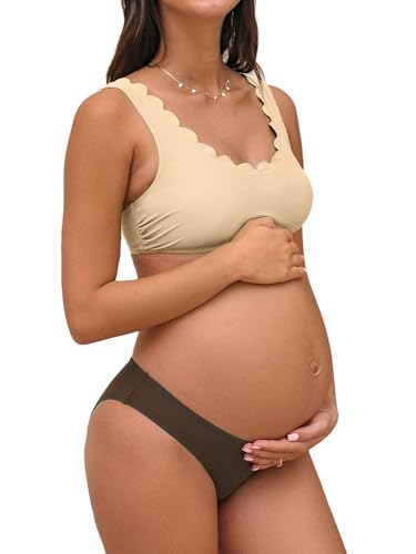 CUPSHE Damen Umstandsbadeanzug Bikini Set U Ausschnitt Wellenkante Low Waist Bikini Einteilige Umstandsbademode Swimsuit Beige/Braun M von CUPSHE