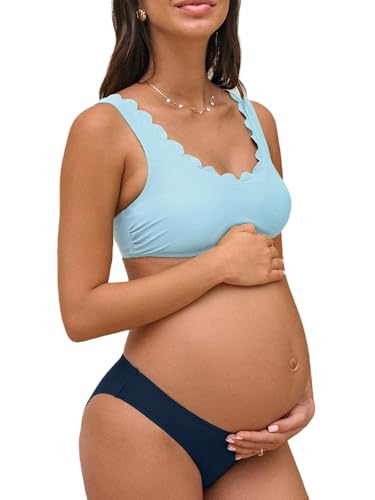 CUPSHE Damen Umstandsbadeanzug Bikini Set U Ausschnitt Wellenkante Low Waist Bikini Einteilige Umstandsbademode Swimsuit Himmelblau/Marineblau S von CUPSHE