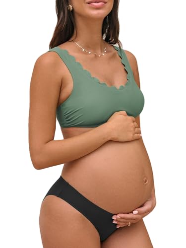 CUPSHE Damen Umstandsbadeanzug Bikini Set U Ausschnitt Wellenkante Low Waist Bikini Einteilige Umstandsbademode Swimsuit Olivgrün/Schwarz XL von CUPSHE