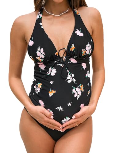 CUPSHE Damen Umstandsbadeanzug Tankini Set V Ausschnitt Neckholder Schnürung vorne Blumenmuster Einteilige Umstandsbademode Swimsuit Schwarz/Blumenmuster L von CUPSHE