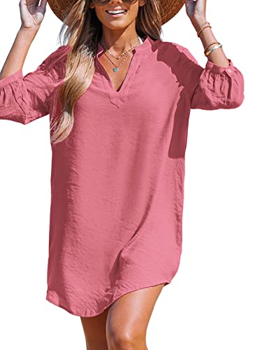 CUPSHE Damen V-Ausschnitt 3/4 Ärmel Cover Up Kleid Sommer Delphin Saum Strand Minikleid, Dusty Rose, Large von CUPSHE