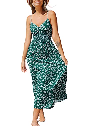 CUPSHE Damen V-Ausschnitt Floral Gesmoktes Midikleid Spaghettiträger Slip A Linie Kleid, Grün , Klein von CUPSHE