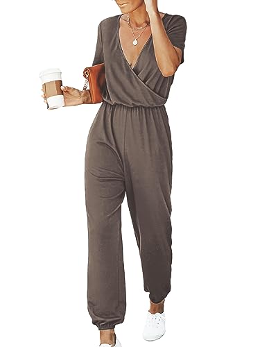 CUPSHE Damen V-Ausschnitt Kurzarm Strick Kordelzug Plissee Langer Jumpsuit Overalls Solid Casual Jumpsuit Grau Large, Grau, L von CUPSHE