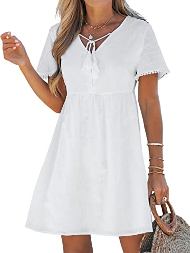CUPSHE Damen V Ausschnitt Minikleid Quaste Krawatte Pom Pom Kurzarm Sommerkleid A Linie Kleid, Weiss/opulenter Garten, Medium von CUPSHE