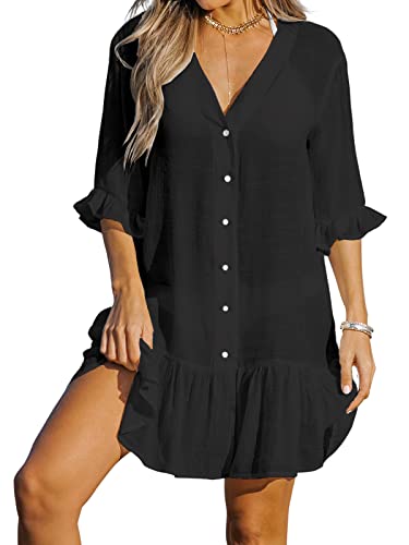 CUPSHE Damen Strandkleid Bikini Cover Up V Ausschnitt Knöpfen Rüschensaum Freizeitkleider Sommer Beach Mini Dress Schwarz L von CUPSHE