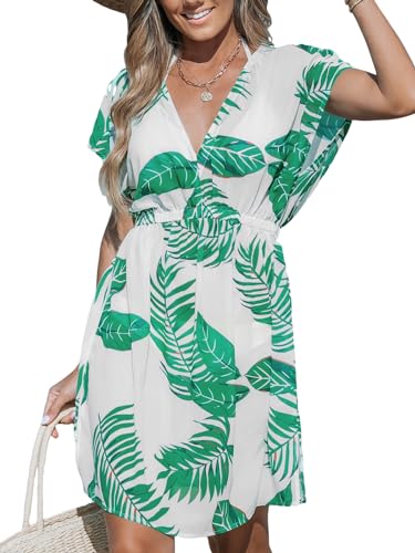 CUPSHE Damen Bikini Cover Up Strandkleid V Ausschnitt Kurzarm Blätter Print Seitenschlitz Sommer Beach Mini Dress Weiß/Grün L von CUPSHE