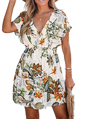 CUPSHE Damen Bikini Cover Up Strandkleid V Ausschnitt Kurzarm Blätter Print Seitenschlitz Sommer Beach Mini Dress Weißer Blumenstrauß S von CUPSHE