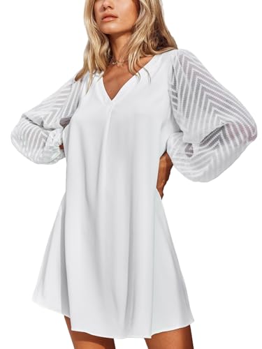 CUPSHE Damen V-Ausschnitt Sheer Langarm Loose Fit A-Linie Minikleid Weiß, Weiss/opulenter Garten, Mittel von CUPSHE