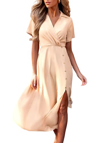 CUPSHE Damen Wickelkleid Maxikleid Elegant V-Ausschnitt Kurzarm Seitliche Knopf A-Linie Sommer Partykleid, khaki, S von CUPSHE