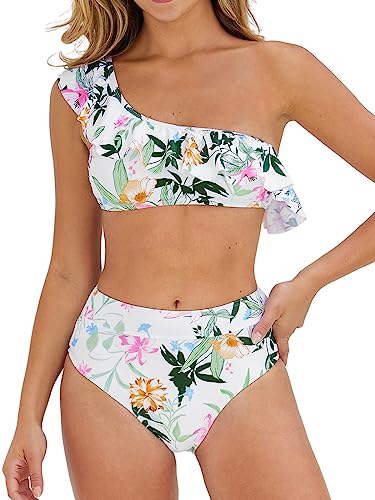 CUPSHE Damen Zweiteiliger Rüschen One Shoulder Floral Bikini Set, Weiß/Blumenmuster, XL von CUPSHE