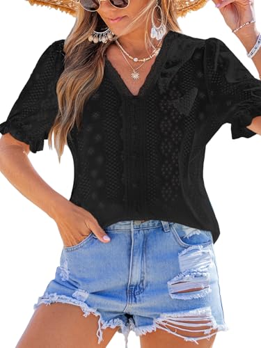 CUPSHE Damenblusen Puffärmel Spitze Aushöhlen V-Ausschnitt Knopf Elegante Hemden Sommer Urlaub Outfits Damen Tops, Schwarz, L von CUPSHE
