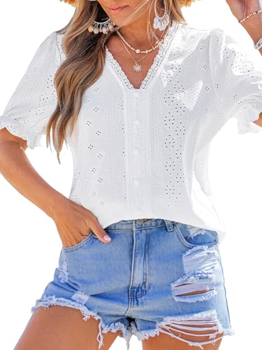 CUPSHE Damenblusen Puffärmel Spitze Aushöhlen V-Ausschnitt Knopf Elegante Hemden Sommer Urlaub Outfits Damen Tops, weiß, XL von CUPSHE