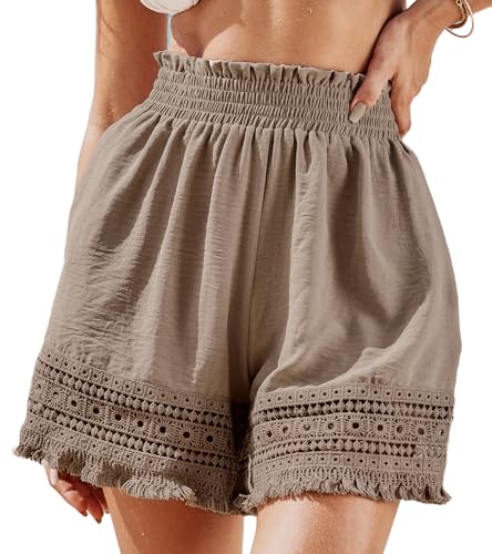 CUPSHE Damenhose, gesmokte Taille, weites Bein, gehäkelt, Urlaub, Sommer, Strand, Freizeit-Shorts, braun, Medium von CUPSHE