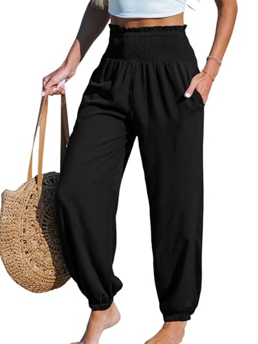 CUPSHE Damenhose mit gesmokter Taille, schmal zulaufendes Bein mit Taschen, elastische Bündchen, legere Passform, weite Beinhose für Damen, Schwarz , S CUPSHE Damenhose mit gesmokter Taille, schmal zulaufendes Bein mit Taschen, elastische Bündchen, legere Passform, weite Beinhose für Damen, Schwarz , S von CUPSHE