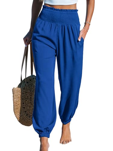 CUPSHE Damenhose mit gesmokter Taille, schmal zulaufendes Bein mit Taschen, elastische Bündchen, legere Passform, weite Beinhose für Damen, blau, M von CUPSHE