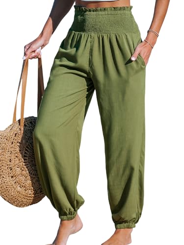 CUPSHE Damenhose mit gesmokter Taille, schmal zulaufendes Bein mit Taschen, elastische Bündchen, legere Passform, weite Beinhose für Damen, olivgrün, M von CUPSHE