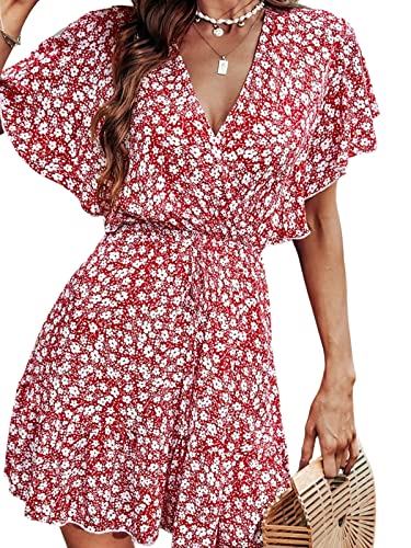 CUPSHE Damenkleid V Ausschnitt Kurzarm Wickelkleid Rüschen Blumenmuster Sommerkleid Freizeitkleider Strand Mini Dress Rot L von CUPSHE