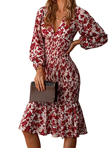 CUPSHE Damenkleid V Ausschnitt Langarm Blumen Partykleid Bodycon Gesmokte Freizeitkleider Midi Dress Blumenmuster S von CUPSHE