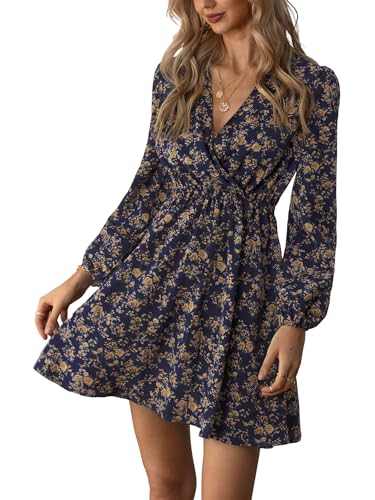 CUPSHE Damen Kleid V Ausschnitt Wickeloptik Langarm Blumenmuster A Linien Freizeitkleider Chiffon Wrap Mini Dress Mehrfarbig XL von CUPSHE