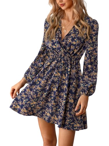 CUPSHE Damen Kleid V Ausschnitt Wickeloptik Langarm Blumenmuster A Linien Freizeitkleider Chiffon Wrap Mini Dress Mehrfarbig XS von CUPSHE