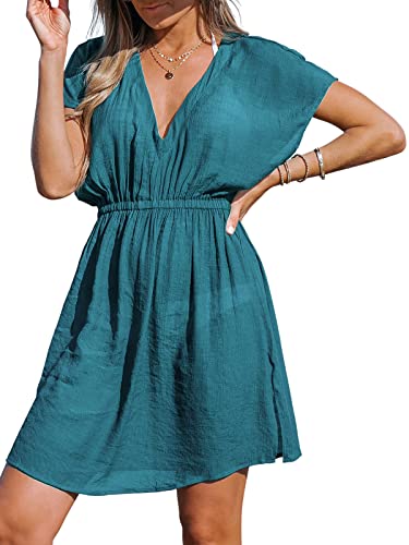 CUPSHE Damen Strandkleid Bikini Cover Up V Ausschnitt Kurzarm Seitenschlitz Sommer Strandponcho Beach Mini Dress Türkis L von CUPSHE