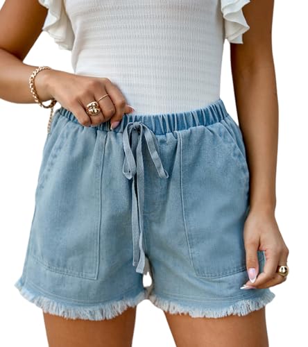 CUPSHE Denim-Shorts für Damen, Kordelzug, ausgefranster Saum, elastische Taille, lässige Damen-Sommer-Shorts, hellblau, XL CUPSHE Denim-Shorts für Damen, Kordelzug, ausgefranster Saum, elastische Taille, lässige Damen-Sommer-Shorts, hellblau, XL von CUPSHE