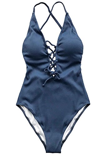 CUPSHE Damen Badeanzug mit Schnürung Plunge Einteiler Gerippte Einteilige Bademode Swimsuit Blau M von CUPSHE