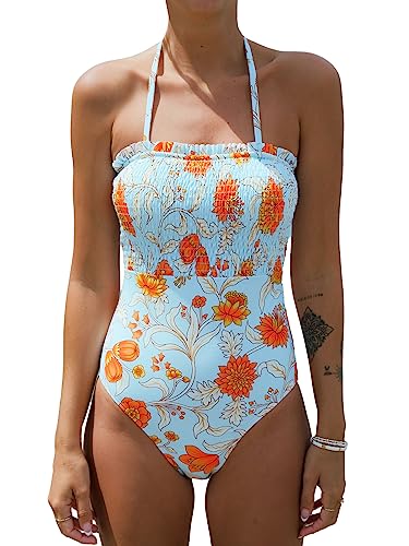 CUPSHE Einteiliger Badeanzug für Damen, Blumenmuster, rückenfrei, Neckholder, abnehmbare Spaghettiträger, Orange Floral, L von CUPSHE