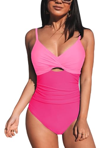 CUPSHE Einteiliger Badeanzug für Damen, gedrehter Frontausschnitt, verstellbare Träger, gerüschte Bademode, Pinkfarbener Block, XS CUPSHE Einteiliger Badeanzug für Damen, gedrehter Frontausschnitt, verstellbare Träger, gerüschte Bademode, Pinkfarbener Block, XS von CUPSHE