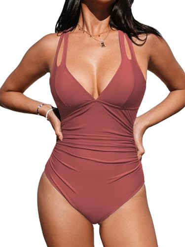 CUPSHE Damen Badeanzug V Ausschnitt Bauchweg Raffungen Zierausschnitten Tiefer Rückenausschnitt Crossback Einteilige Bademode Swimsuit Ziegelrot L von CUPSHE