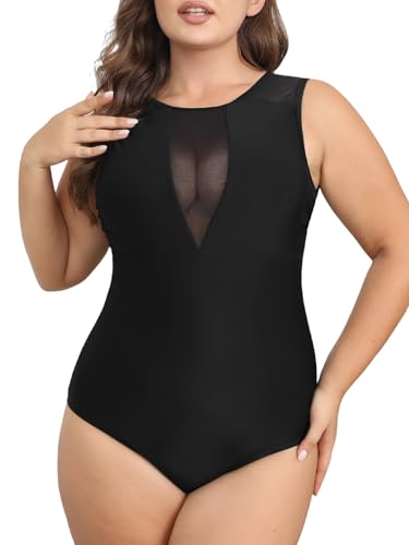 CUPSHE Damen Große Größen Badeanzug Rundhals Sheer Netzstoff Rückenfrei Schnürung Einteilige Bademode Schwarz 0X=L CUPSHE Damen Große Größen Badeanzug Rundhals Sheer Netzstoff Rückenfrei Schnürung Einteilige Bademode Schwarz 0X=L von CUPSHE
