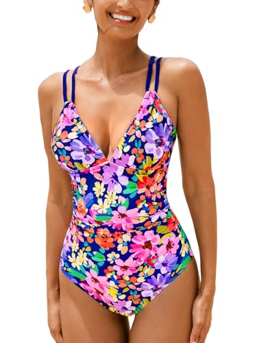 CUPSHE Damen Badeanzug V Ausschnitt Triangel Bauchkontrolle Monokini O-Ring Rückenausschnitt Einteilige Bademode Swimsuit Pink Floral XL von CUPSHE