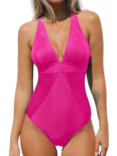 CUPSHE Einteiliger Damen-Badeanzug, V-Ausschnitt, Bauchkontrolle, gekreuzte Rückseite, gerippt, Fuchsia, Medium von CUPSHE